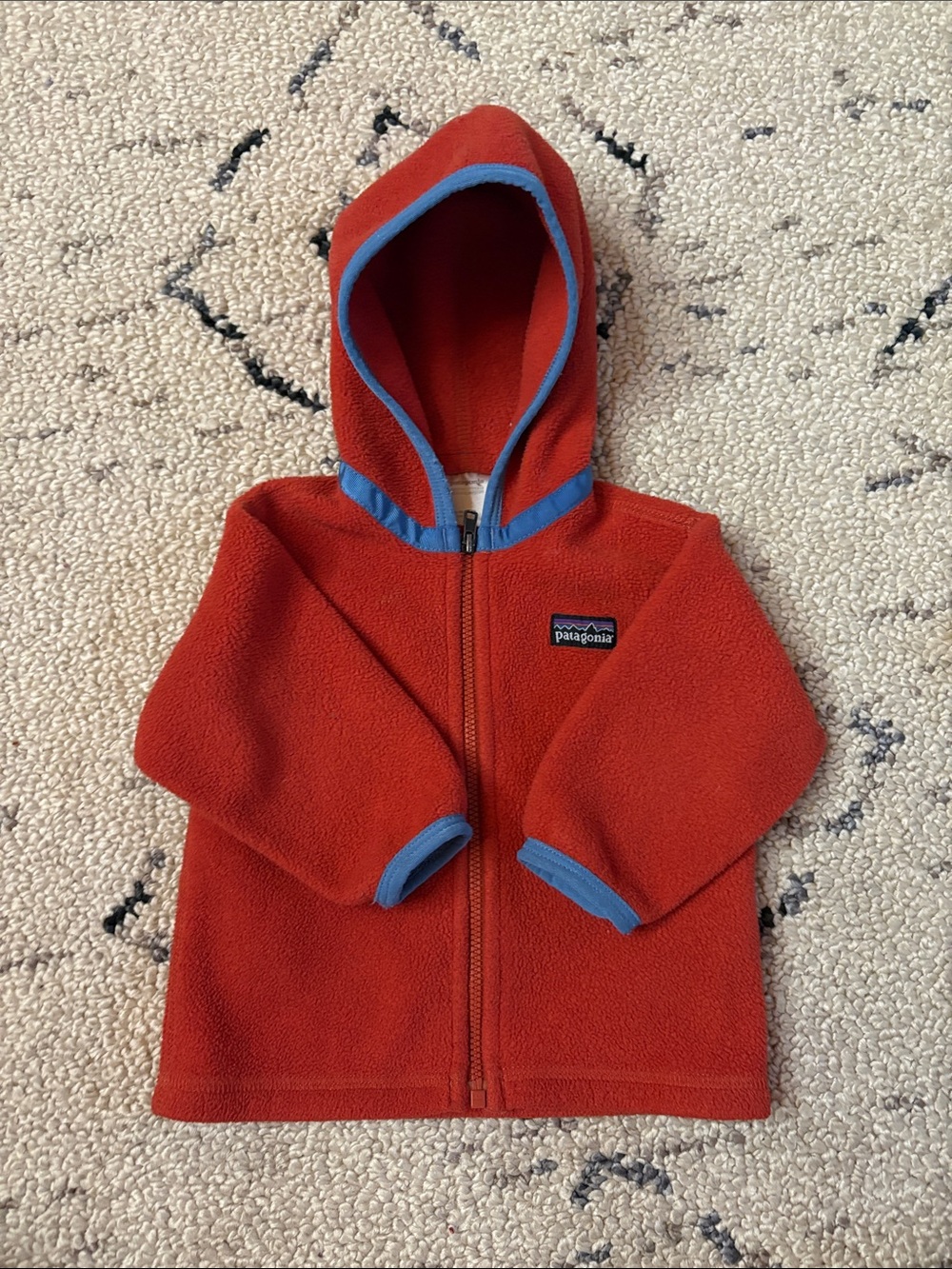 Patagonia Kids Red Hooded Fleece Jacket with Blue Trim 6-m